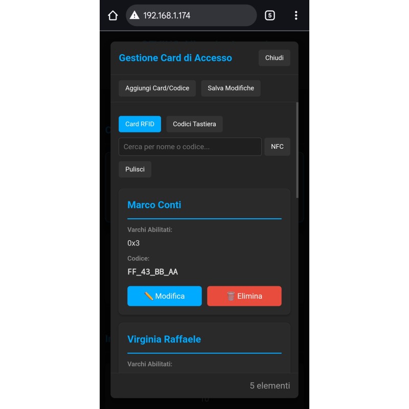 Gestione card e codici GEVINO Accessi