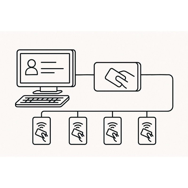 Schema del sistema di controllo accessi RFID su bus RS-485: PC, centrale e lettori